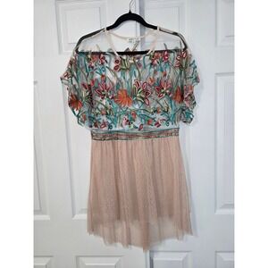 Tassels N Lace Floral Embroidered Mesh Tulle Tunic Top Blush Pink Small Boho